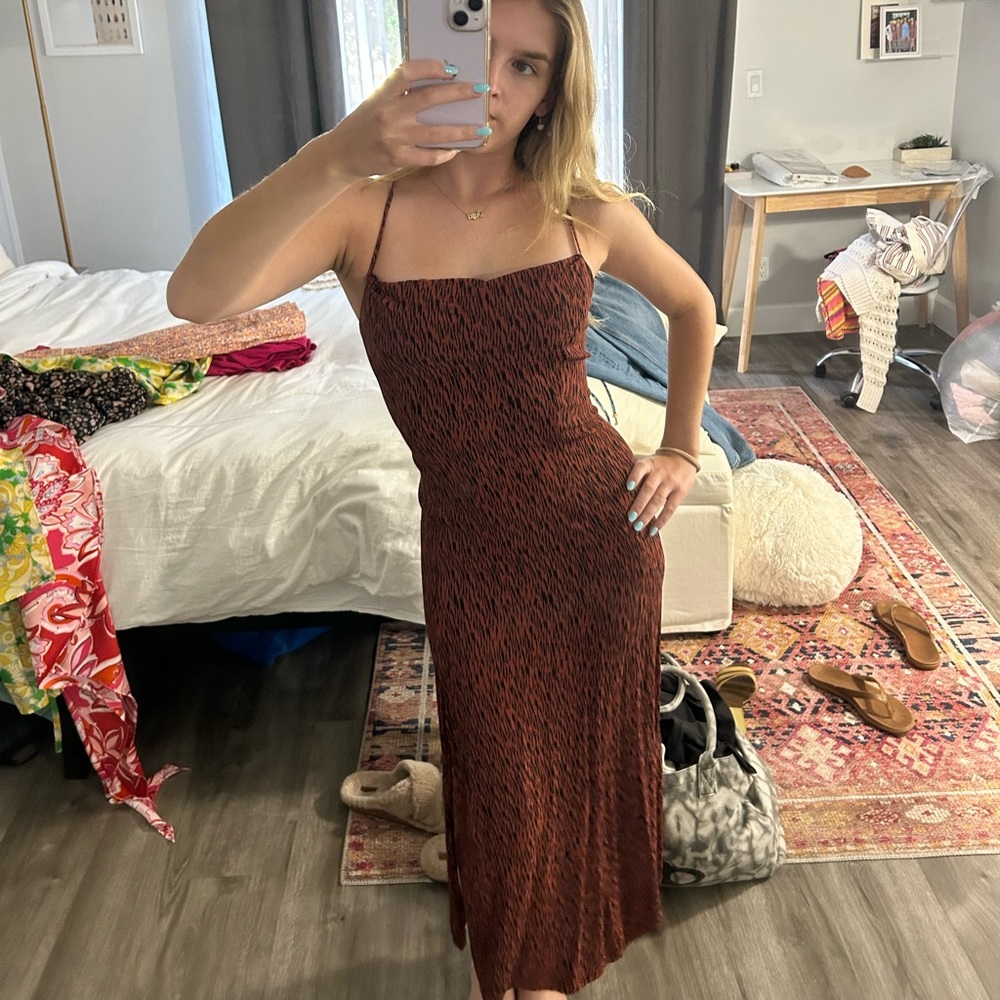 Leith burnt red and black printed midi dress with lace up back